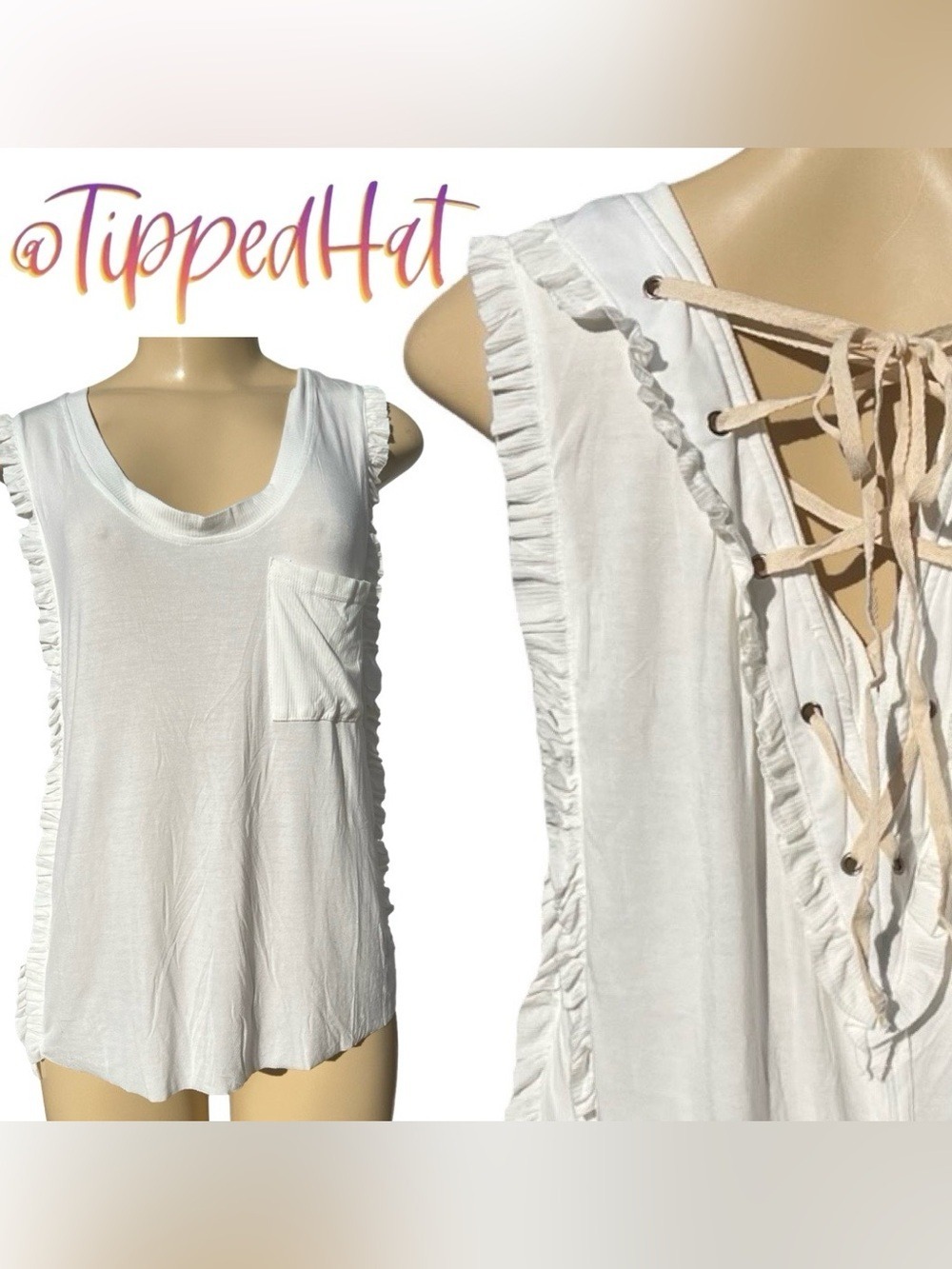 NWOT POL Sample Lace-Up Ruffle Tank Top Boho Ivory Oversized Small